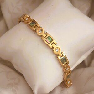 Abalone Shell Magnetic Link Bracelet Gold Tone Tiny Clear Stones Adjustable Bolo